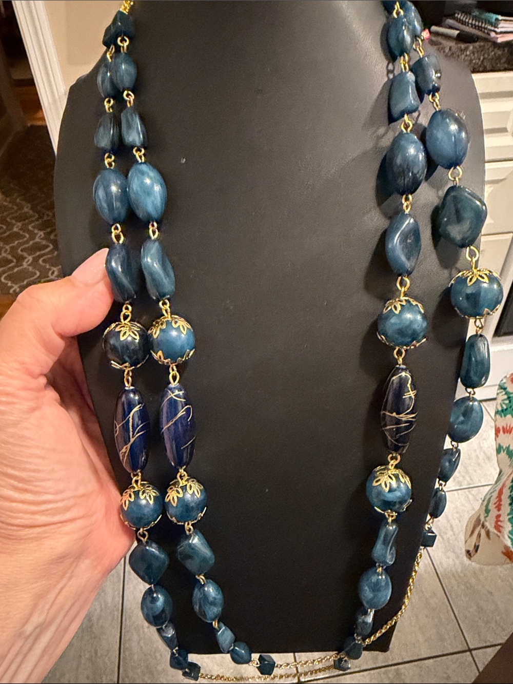 Double strand acrylic Teal Beaded Statement Necklace with gold tone spacers